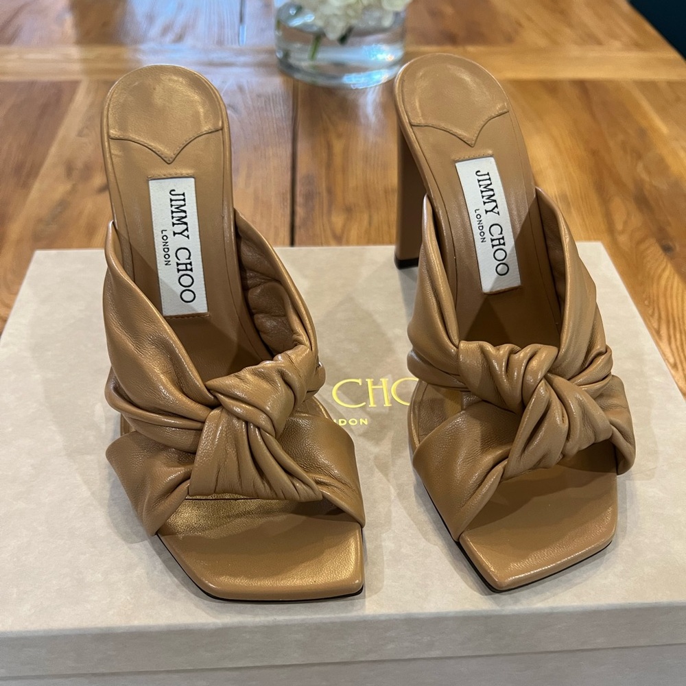 Jimmy Choo Avenue Sandals - 85mm Block Heel - Biscuit (brown / tan)